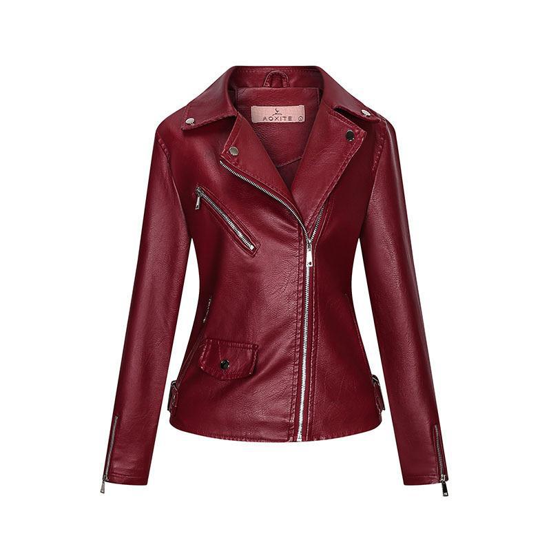 Red Leather Jacket Fall Winter Coat Women Pu Lapel Short Slim Jacket Women