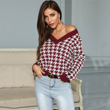 Women Knitted Sweater Long Sleeve Houndstooth Jacquard V-neck Bottoming Knitted Sweater Female Autumn