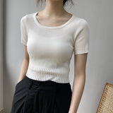 Women Knitted T-shirt Autumn Knitted Short Sleeve Retro Slim T-shirt