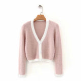 Women Sweater Knitwear Spring and Autumn V-neck Short Sleeve Slim Fit Single-Breasted Sweater