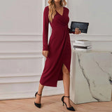 Women Dress V-neck Dress Sexy Slit Long Sleeve Dress