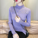 Women Knitwear Autumn and Winter Turtleneck Lace Sweater Slim Fit