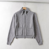 Women Sweater Knitwear Vintage Double Zipper Lapel Cardigan Top Coat Short Long Sleeve Sweater