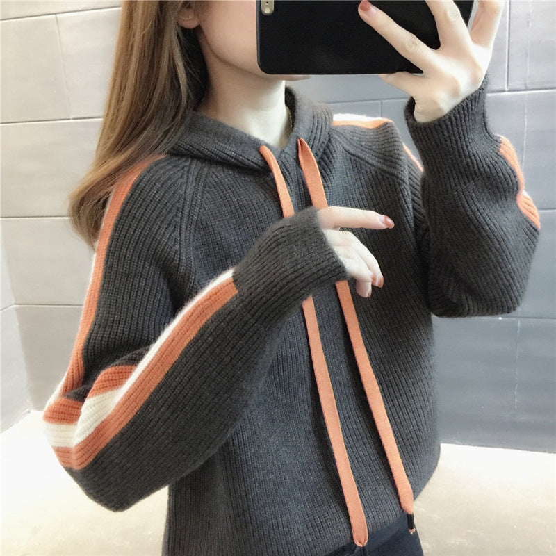 Women Knitwear Autumn and Winter Hooded Pullover Sweater Loose Casual Sweater
