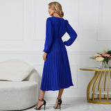 Women Date Dress Sexy V-neck Bubble Lantern Sleeve Pleated Skirt