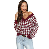 Women Knitted Sweater Long Sleeve Houndstooth Jacquard V-neck Bottoming Knitted Sweater Female Autumn