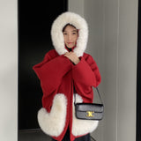 Women Cardigan Sweater Short Woolen Coat Autumn and Winter Long Sleeves Fur Collar Hooded Coat 2t7620