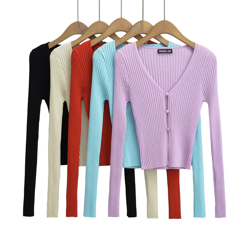Women Tops Spring/Summer V-neck Hollow Cardigan Solid Color Short Top