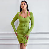 Women Dress Slim Fit Hip Skirt Knitted Long Sleeve Short Dress Mini Dress
