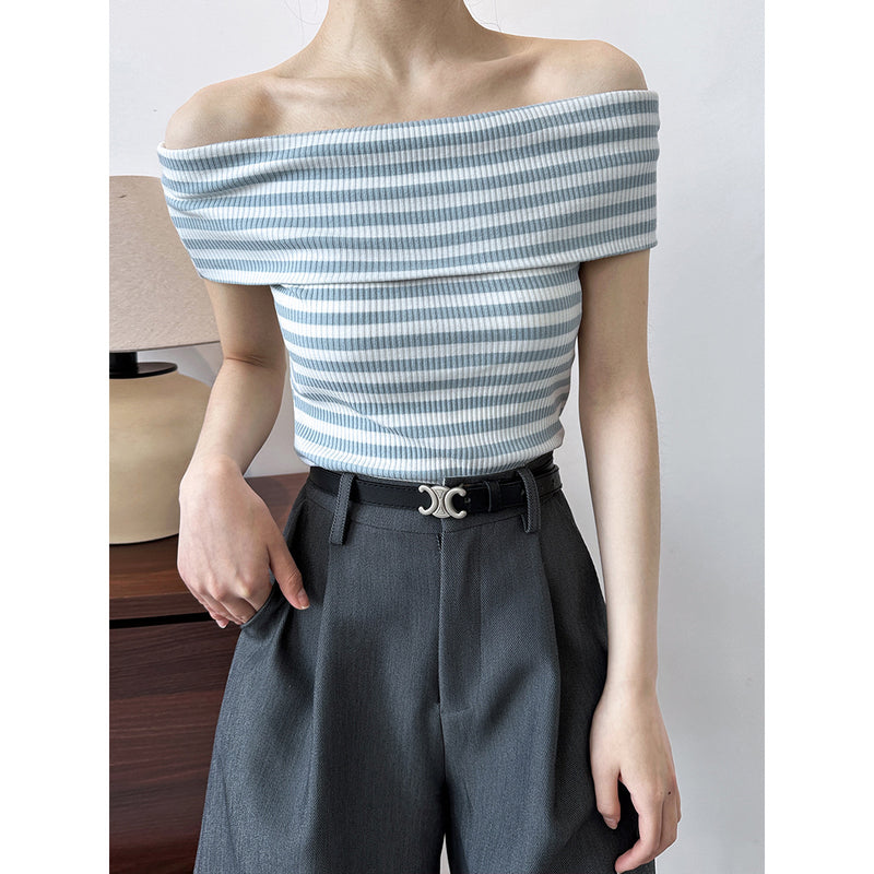 Women T Shirt off-Shoulder Striped T-shirt Slim-Fit Sexy off-Shoulder Knitted Top