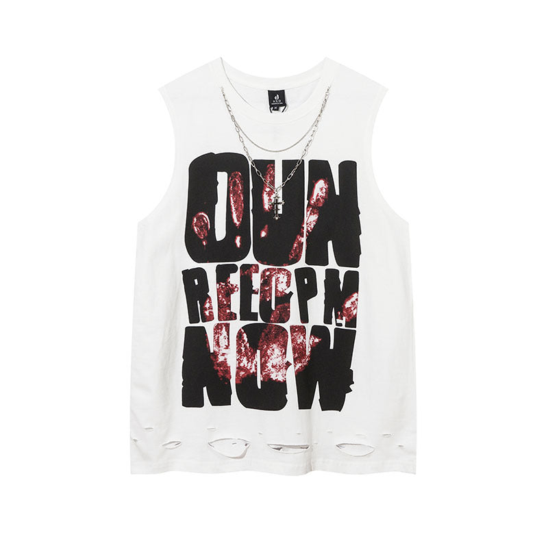 Men Vest Retro Alphabet Graffiti Ripped Vest