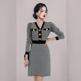 Women Maxi Dress Autumn and Winter V-neck Slim Houndstooth Knitted Dress