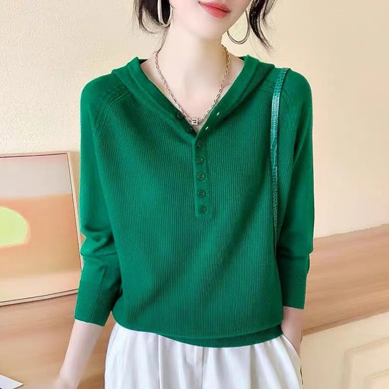 Women Knitted Pullover Autumn Hooded Knitwear Loose Thin Casual Long Sleeve Top