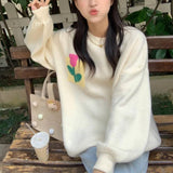 Women Knitwear Autumn Three-Dimensional Flower round Neck Sweater Loose Sweater