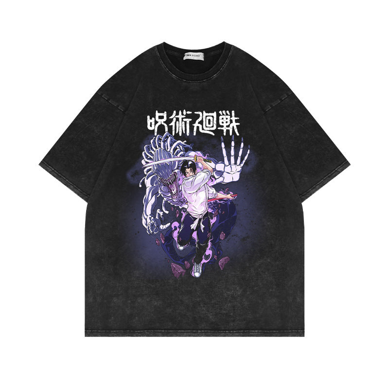 Washed and old retro short-sleeved T-shirt anime top