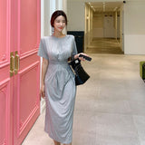 Women Dresses Short Sleeve Dress Crew Neck Casual Midi Dress
