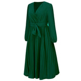 Women Date Dress Sexy V-neck Bubble Lantern Sleeve Pleated Skirt
