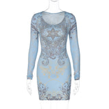 Women Dresse Printed Long Sleeve Narrow Dress round Neck Skirt