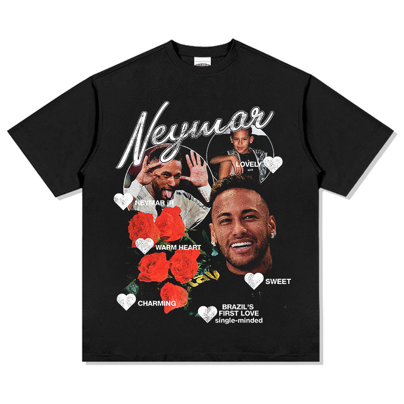 Men Vintage Football T-Shirt Neymar Football Stars Vintage Printed Short Sleeve Washed Old Top