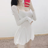 Women Dresses U-Neck Sling Dress Two-Piece Suit Pleated Skirt