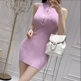 Women Dresses Vintage Zipper Sleeveless Knitted Dress