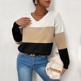 Women Knitted Sweater Autumn and Winter Leisure V-neck Top Color Matching Long Sleeve Sweater