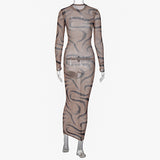 Women Dresses Summer Sexy Slim Hip round-Neck Long-Sleeved Dress