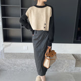 Women Winter Knitted Sweater Autumn Winter Sweater Sweater Button Color Contrast Patchwork Cropped Top 8t7311