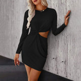Women Dress Spring/Summer Hollow-out Knitted Long-Sleeved Hip Skirt round Neck Dress