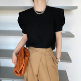 Women's T-shirt Summer Short-Sleeved T-shirt Women's Loose round Neck I Puff Sleeve Top