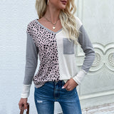 Women Knitted Sweater Loose V-neck Patchwork Leopard Print Sweater Top