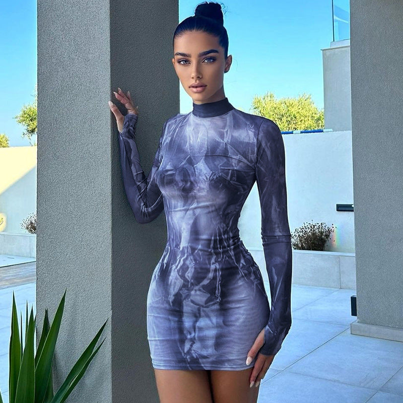 Women Dresses Summer Slim Fit round Neck Long Sleeves Sheath Dress