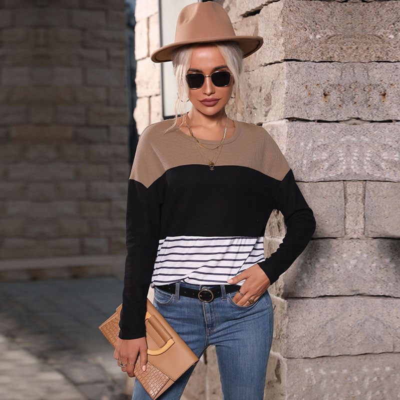 Women Knitted Sweater Casual Women's Long Sleeve Stitching Loose Striped Sweater