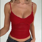 Women Tops Summer Slim Fit T-shirt Sexy Lace Mesh Camisole Top