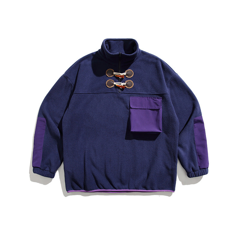 Unisex Winter Cotton Coat Three-Dimensional Pocket Decoration Stand Collar Sweater Retro Half-Open Collar