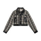 Women Jacket Houndstooth Fall Lapels Long Sleeve Stitching Leather Coat