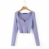 Women Sweater Knitwear Vintage Low-Neck Sweater Spring and Autumn Long Sleeve Short Top