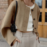 Women Trench Coat Woolen Coat O-neck Short Casual Loose Autumn Winter Retro