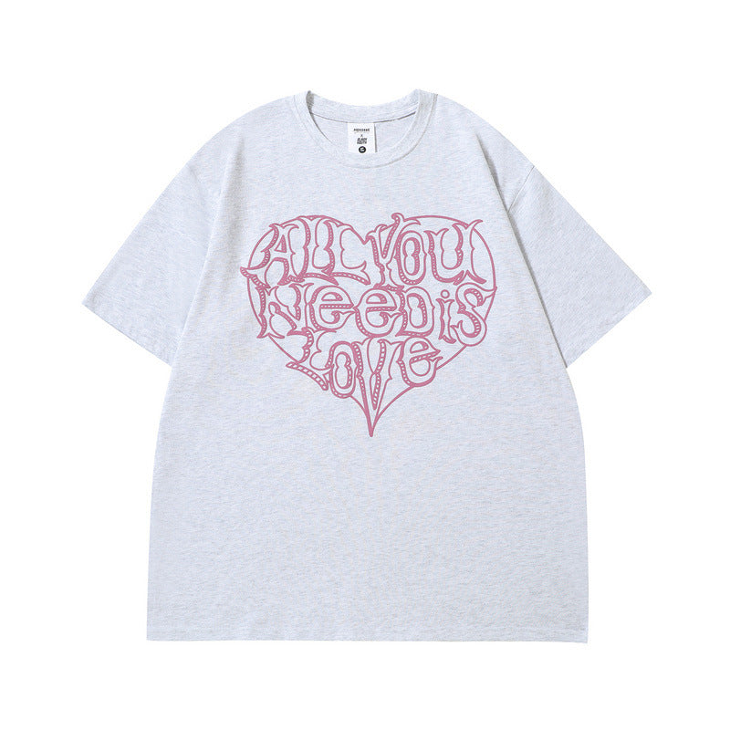 Men T Shirt Vintage Love Heart Letter Print Short-Sleeve T-shirt
