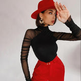 Women Jumpsuit Autumn High round Neck Mesh Long Sleeve Slim Fit Jumpsuit