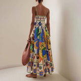 Women Dresses Summer Square Collar Sling Dress Graffiti Printing Long Dress (Qymy0409)