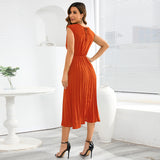 Women Date Dress Summer V-neck Pleated Sleeveless Waist Dress