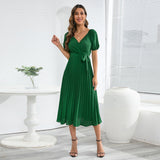 Women Date Dress Summer V-neck Puff Sleeve Lace-up Pleated Dress