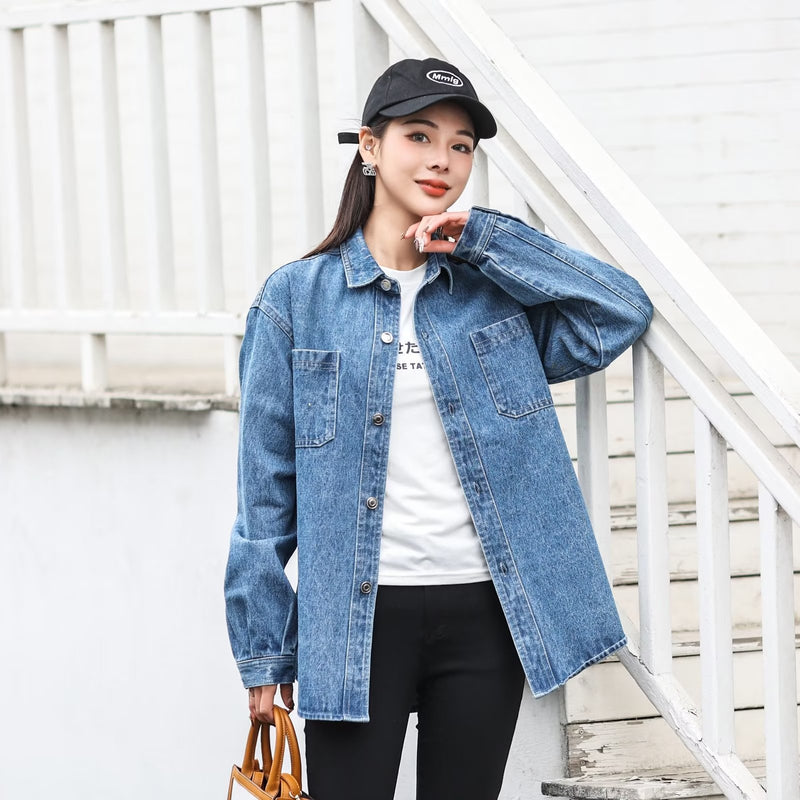 Women Jacket Long Sleeve Denim Shirt Loose Lapels Jacket