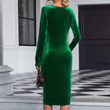 Women Dress Autumn and Winter Long Sleeve V-neck Velvet Dress Dress
