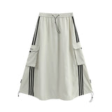 Women Long Skirt High Waist Side Striped Casual Sports Midi Dress