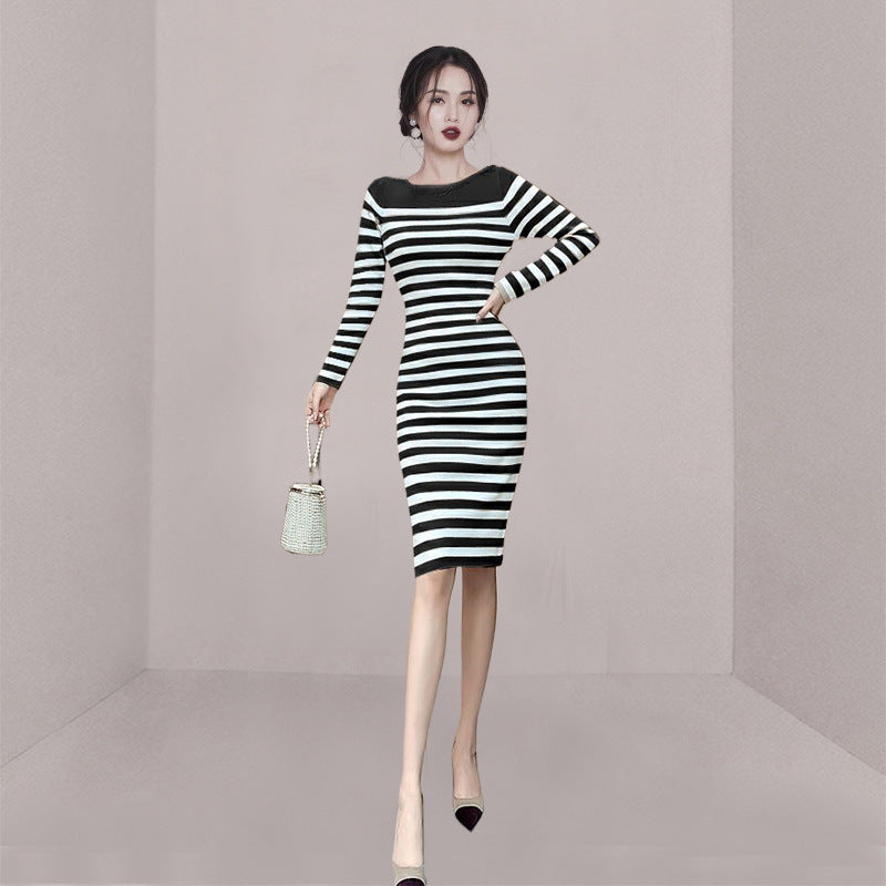 Women Maxi Dress Autumn and Winter Striped Long Sleeve Narrow Knitted Dress