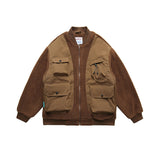 Unisex Winter Cotton Coat Stitching Lambswool Stand-up Collar Cotton-Padded Clothes Vintage Loose Cargo Cotton-Padded Jacket