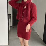 Women Knitted Two-Piece Set Cardigan Skirt Scarf Three-Piece Set Button Knitted Sweater Casual Suit 1t8852
