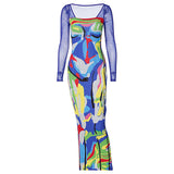 Women Dresses Fall Printed Mesh Slim Fit Patchwork Long Sleeve Dress
